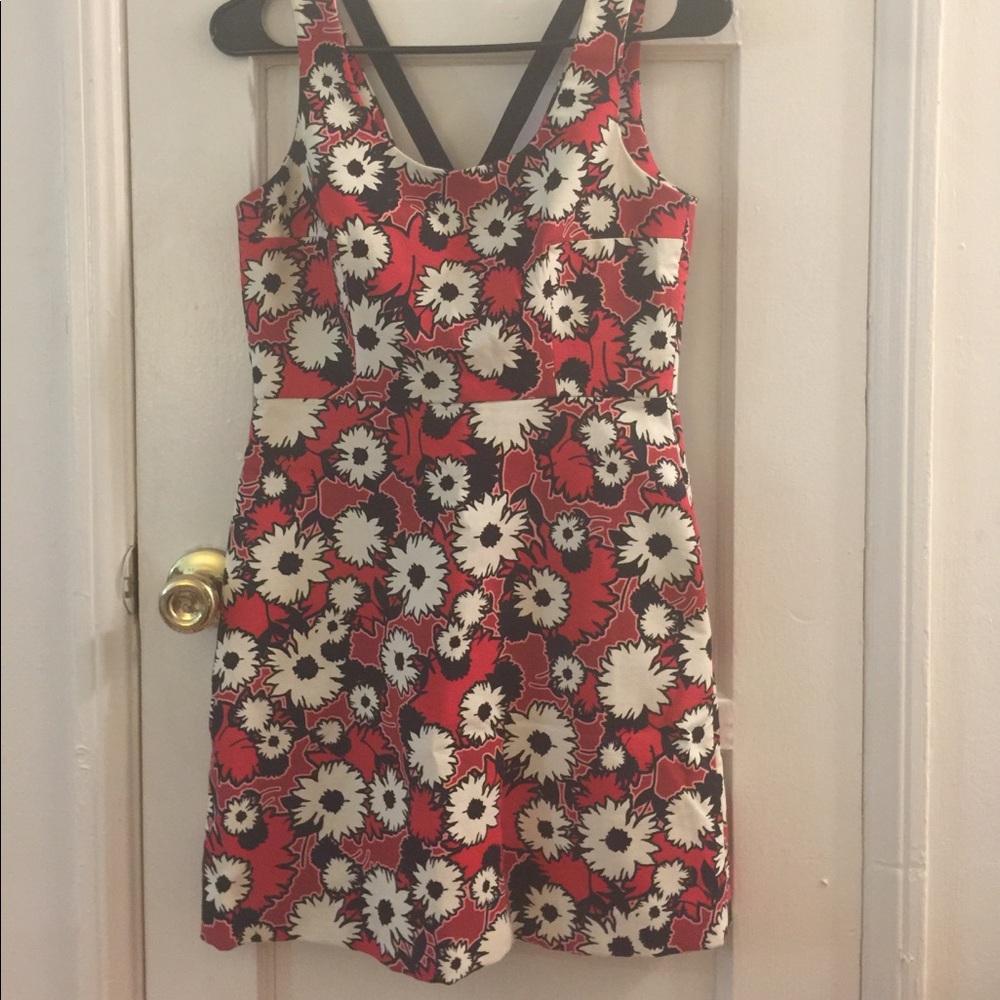 Red floral minidress with cross cross back straps